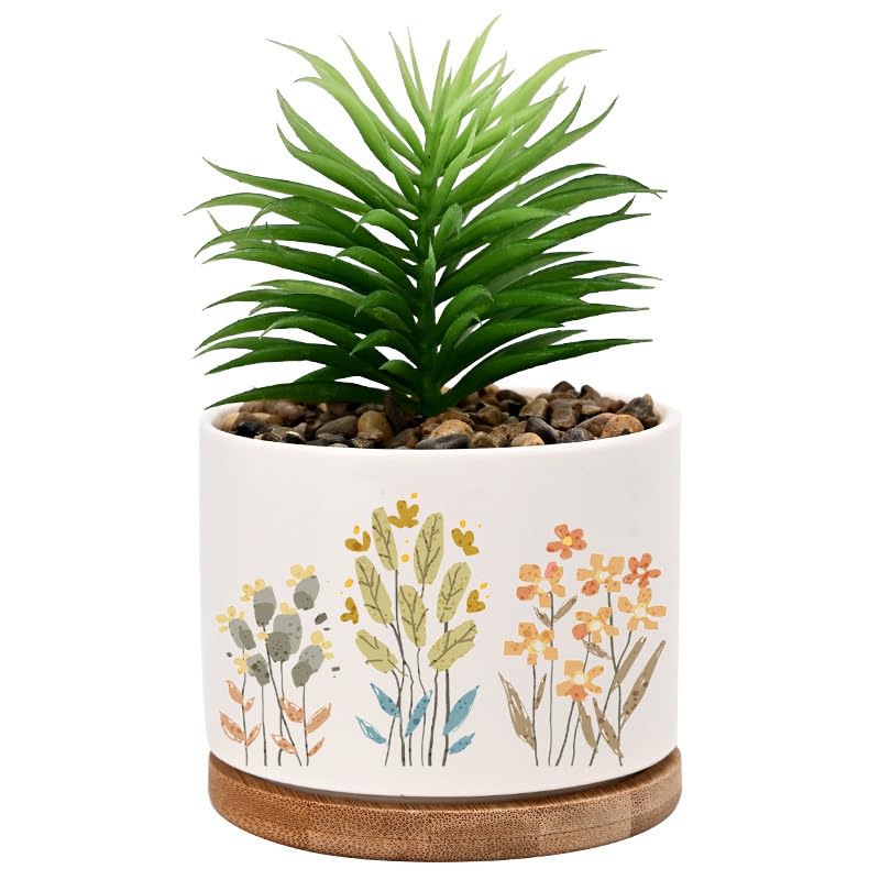 Handimake Customized Ceramic Succulent Plant Flowerpot, Personalized Logo/Text Succulent Flowerpot with Wooden Base, Indoor/Outdoor