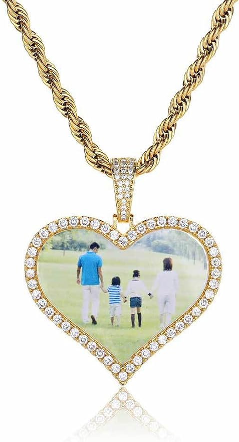 Customized Image Heart shaped Necklace Hip Hop Jewelry Love Photo Pendant Zircon Personalized Necklace Customized Name Men's Gift Pendant Necklace