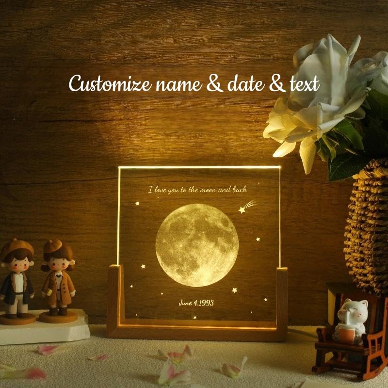 Handimake Customized Moon Crystal Night Light, Personalized Name and Date Moon Phase Night Light, Customized Moon Phase Night Light by Date, Birthday Gift, Christmas Commemoration