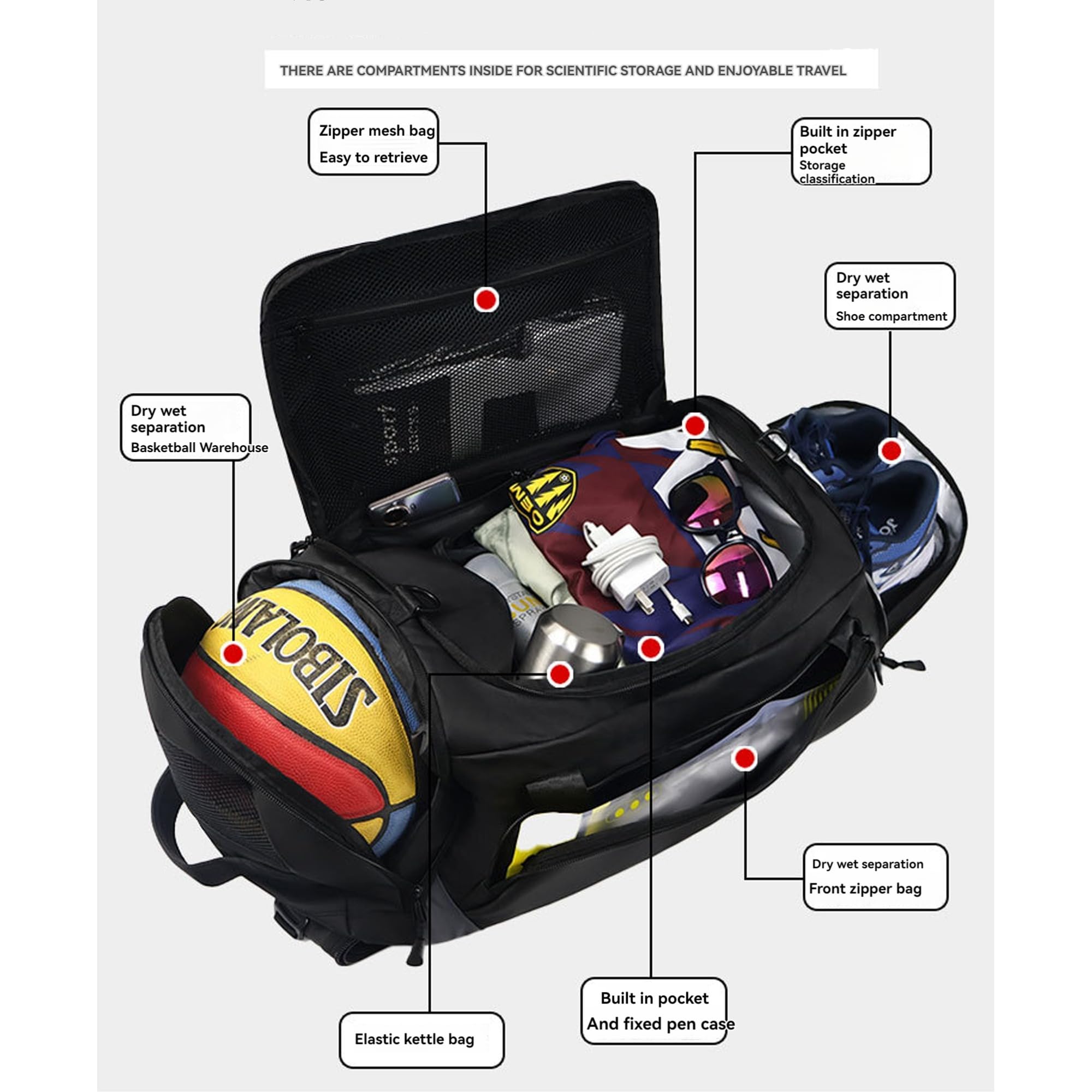 Handimake Customized fitness bag, personalized logo/text basketball luggage bag, large capacity dry wet separation football training independent shoe compartment fitness bag