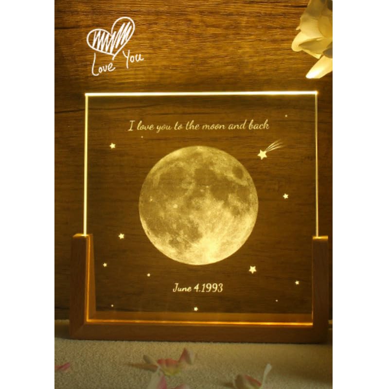 Handimake Customized Moon Crystal Night Light, Personalized Name and Date Moon Phase Night Light, Customized Moon Phase Night Light by Date, Birthday Gift, Christmas Commemoration