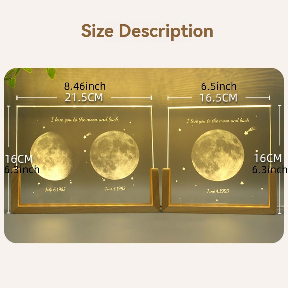 Handimake Customized Moon Crystal Night Light, Personalized Name and Date Moon Phase Night Light, Customized Moon Phase Night Light by Date, Birthday Gift, Christmas Commemoration