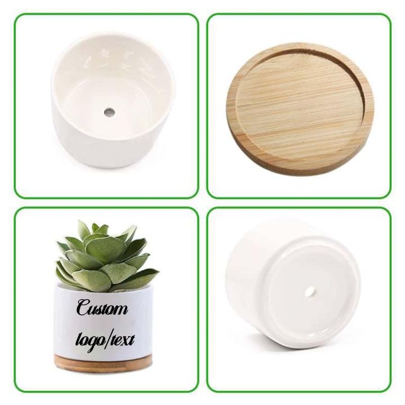 Handimake Customized Ceramic Succulent Plant Flowerpot, Personalized Logo/Text Succulent Flowerpot with Wooden Base, Indoor/Outdoor