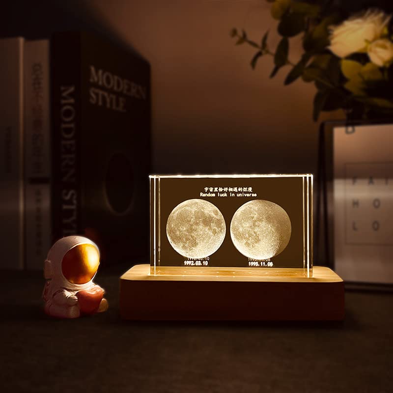Handimake Personalized 3D Moon Phase Crystal Light, Customized Moon Night Light for Birth Day, Birthday Gift Adult Gift Romantic Couple Creative Night Light