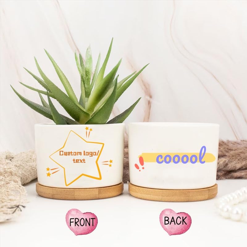 Handimake Customized Ceramic Succulent Plant Flowerpot, Personalized Logo/Text Succulent Flowerpot with Wooden Base, Indoor/Outdoor