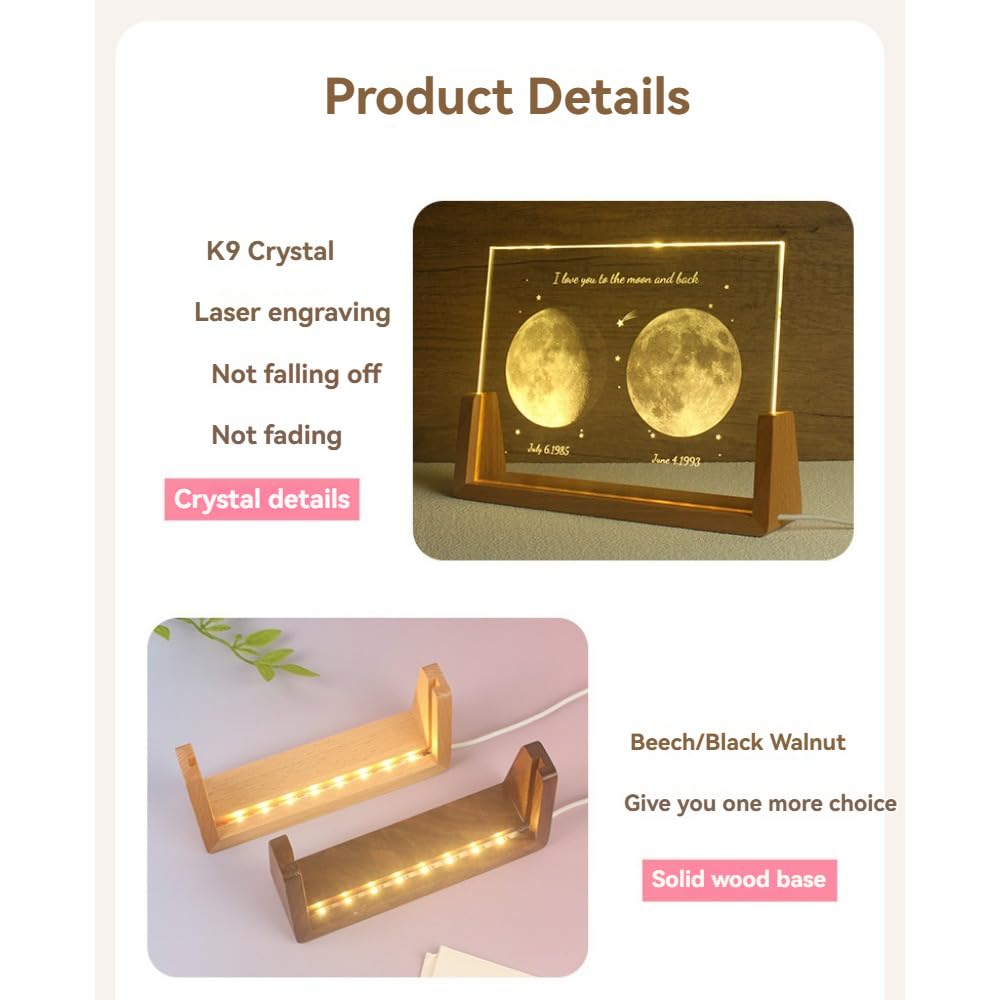 Handimake Customized Moon Crystal Night Light, Personalized Name and Date Moon Phase Night Light, Customized Moon Phase Night Light by Date, Birthday Gift, Christmas Commemoration