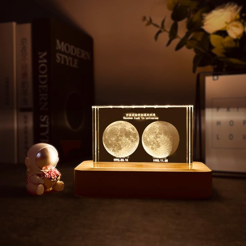 Handimake Personalized 3D Moon Phase Crystal Light, Customized Moon Night Light for Birth Day, Birthday Gift Adult Gift Romantic Couple Creative Night Light