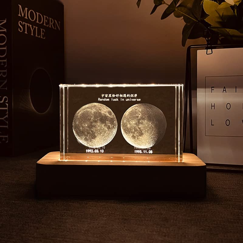 Handimake Personalized 3D Moon Phase Crystal Light, Customized Moon Night Light for Birth Day, Birthday Gift Adult Gift Romantic Couple Creative Night Light