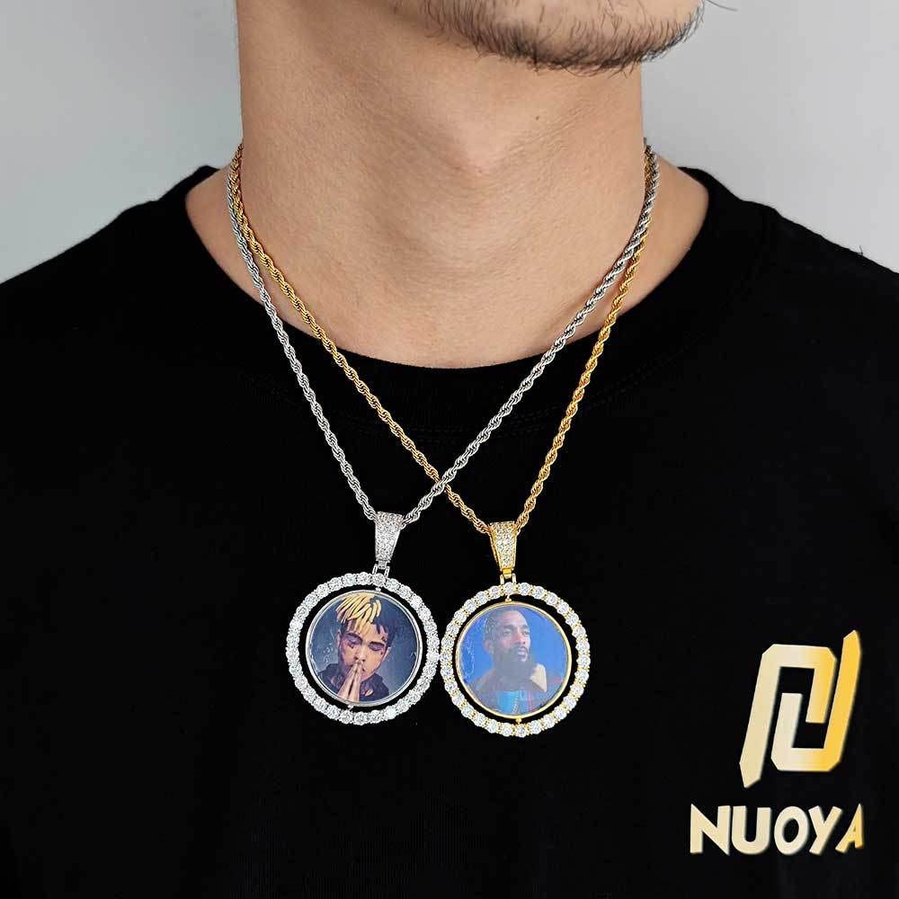 Handimake Customized photo necklace, personalized double-sided rotating photo pendant, DIY creative photo frame men's and women's necklace accessories