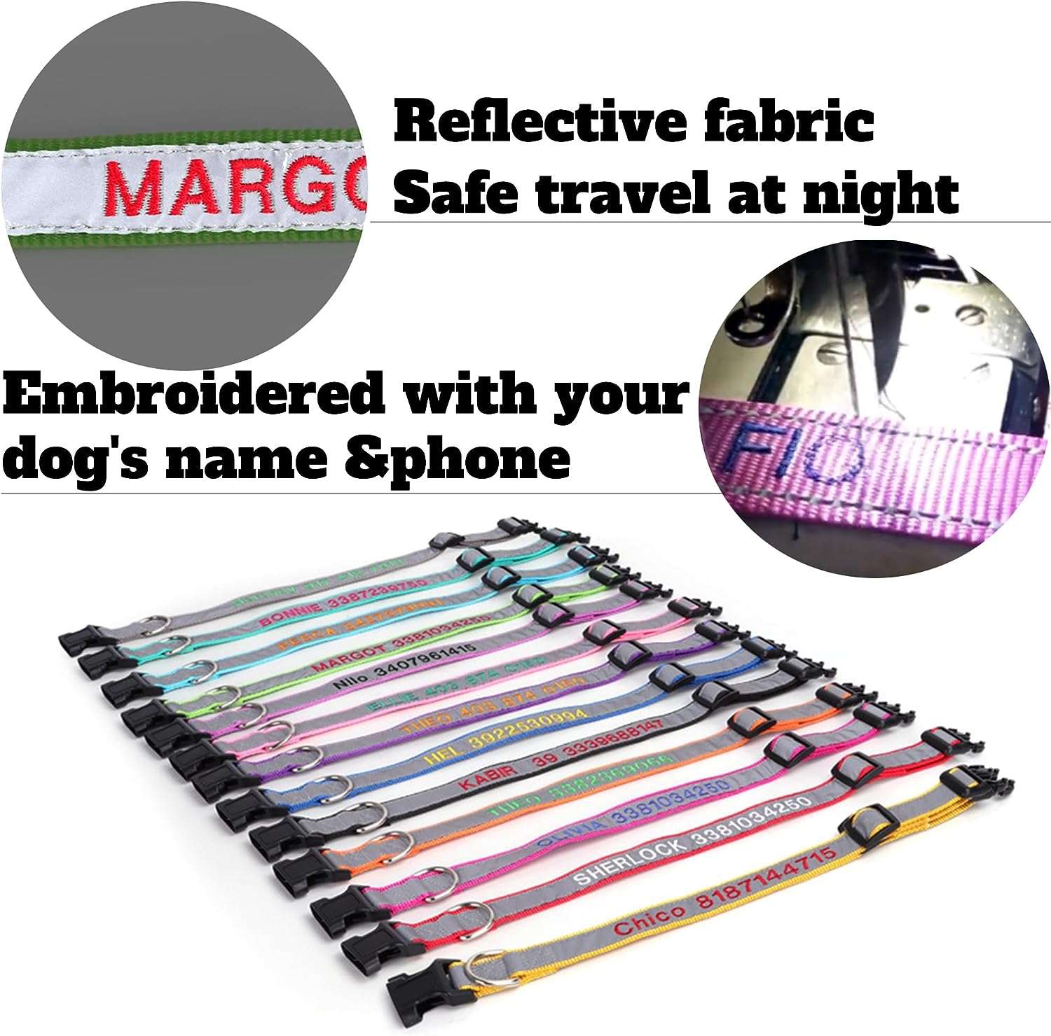 Personalized Embroidered Reflective Dog Collar,Engraved Custom Dog Collar with Name and Phone for Boy & Girl Dogs,Nylon Dog ID Collars, 4 Adjustable Sizes:X M L XL