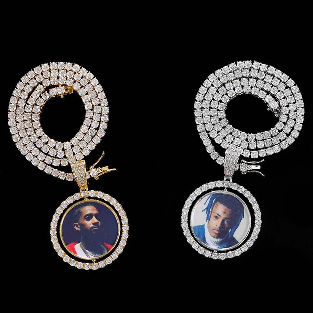 Handimake Customized photo necklace, personalized double-sided rotating photo pendant, DIY creative photo frame men's and women's necklace accessories