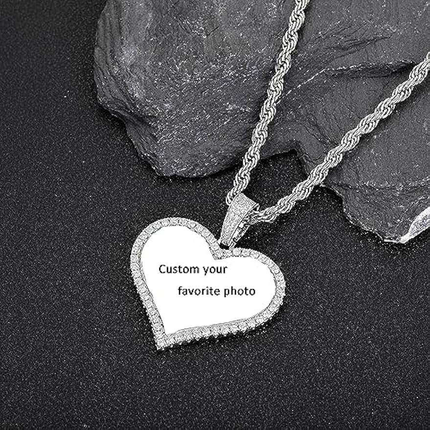 Customized Image Heart shaped Necklace Hip Hop Jewelry Love Photo Pendant Zircon Personalized Necklace Customized Name Men's Gift Pendant Necklace