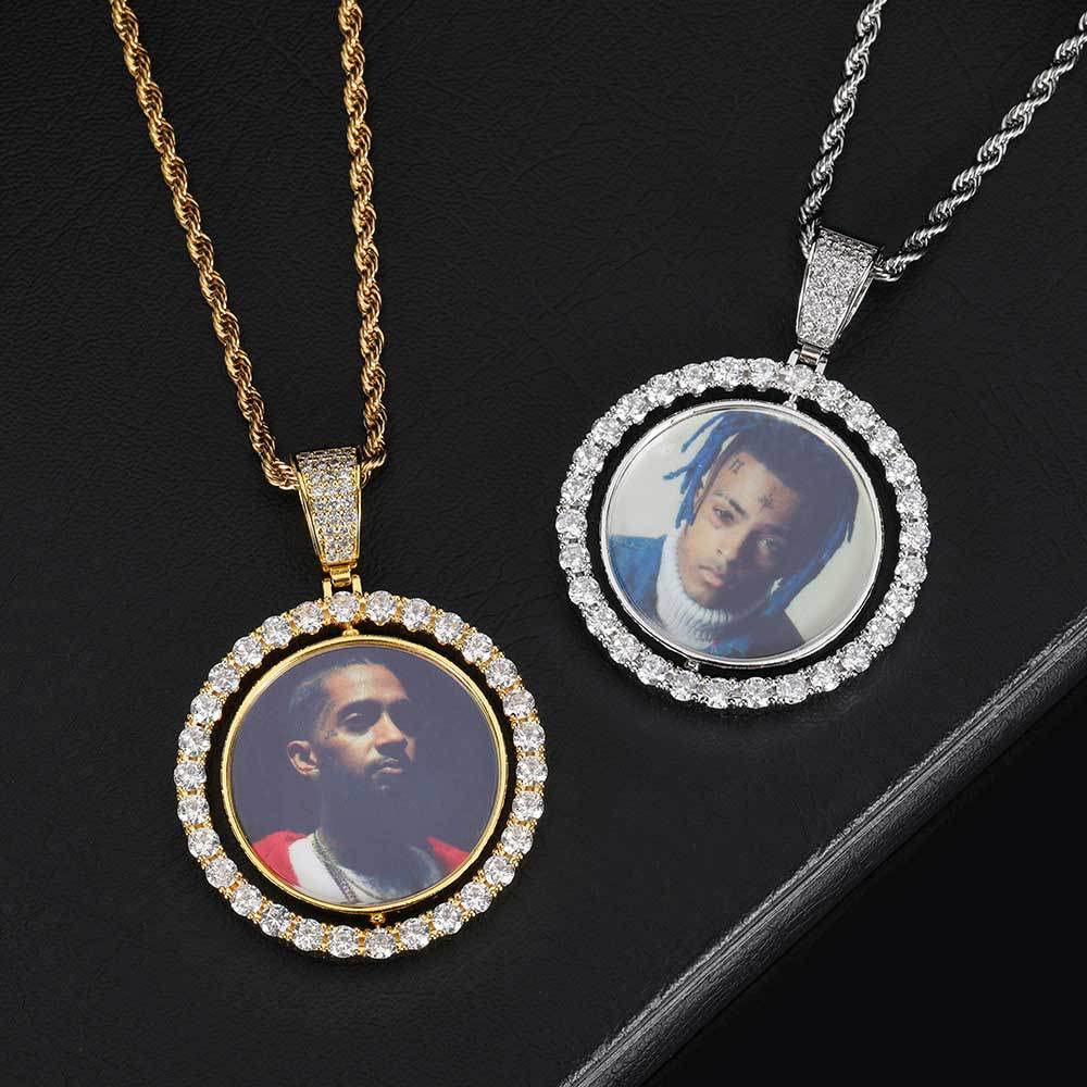 Handimake Customized photo necklace, personalized double-sided rotating photo pendant, DIY creative photo frame men's and women's necklace accessories