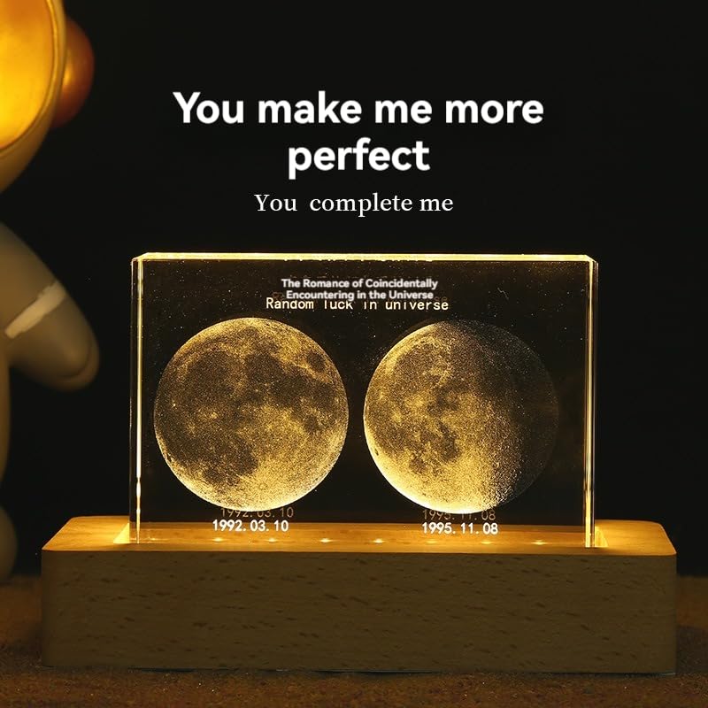 Handimake Personalized 3D Moon Phase Crystal Light, Customized Moon Night Light for Birth Day, Birthday Gift Adult Gift Romantic Couple Creative Night Light