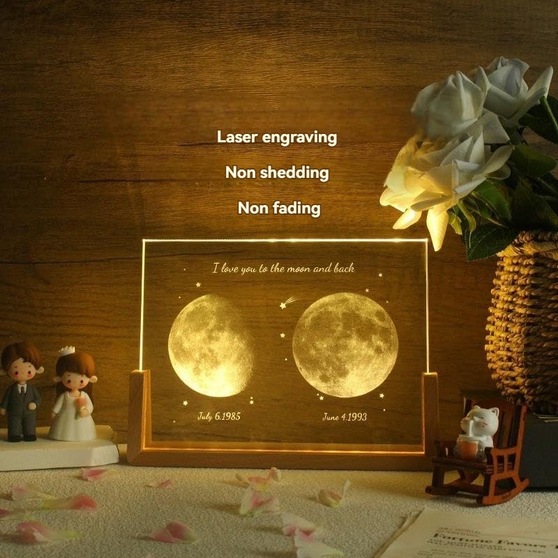 Handimake Customized Moon Crystal Night Light, Personalized Name and Date Moon Phase Night Light, Customized Moon Phase Night Light by Date, Birthday Gift, Christmas Commemoration