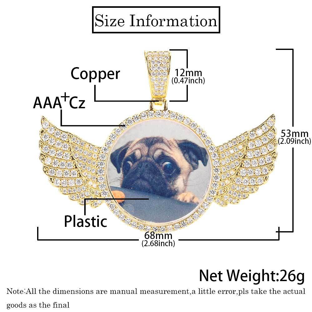 Handimake Customized Photo Necklace, Personalized Angel Wing Circular Pendant, DIY Creative Photo Frame Necklace Accessory, s, Copper, copper inlaid zircon, Small