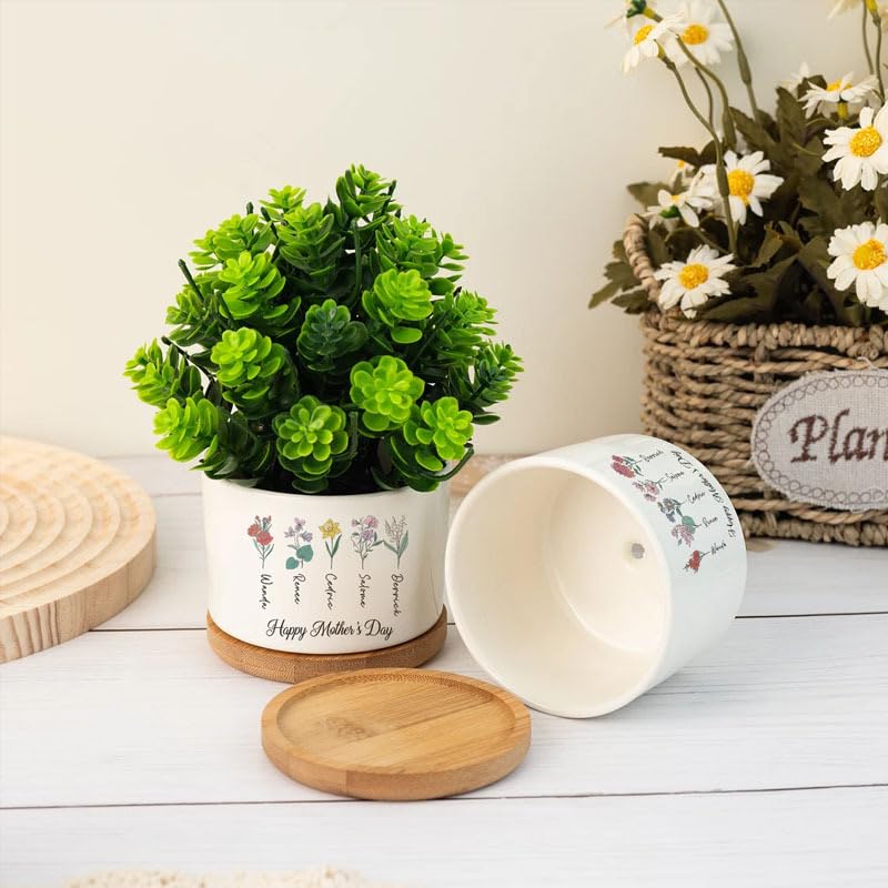 Handimake Customized Ceramic Succulent Plant Flowerpot, Personalized Logo/Text Succulent Flowerpot with Wooden Base, Indoor/Outdoor