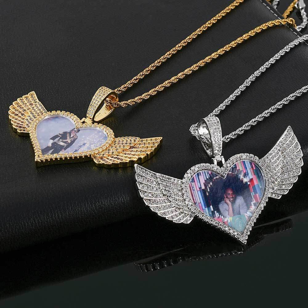 Handimake Customized Love Wings Photo Necklace, Personalized Hip Hop Photo Pendant, Zircon Solid Memory Frame