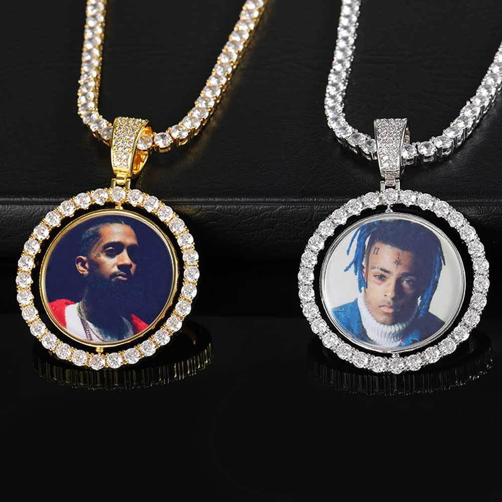 Handimake Customized photo necklace, personalized double-sided rotating photo pendant, DIY creative photo frame men's and women's necklace accessories