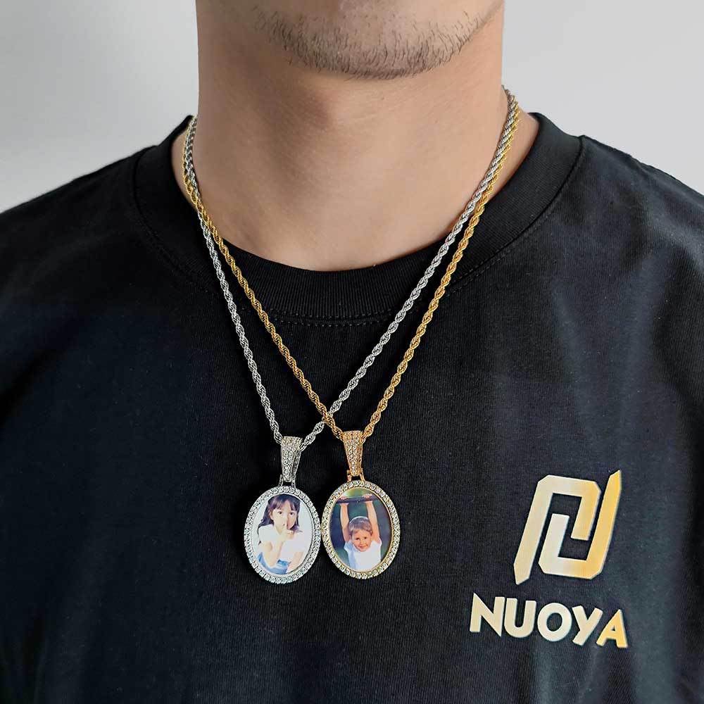 Handimake Customized Oval Photo Necklace, Personalized Hip-Hop Photo Frame Pendant, DIY Micro Inlaid Zircon Photo Copper Necklace