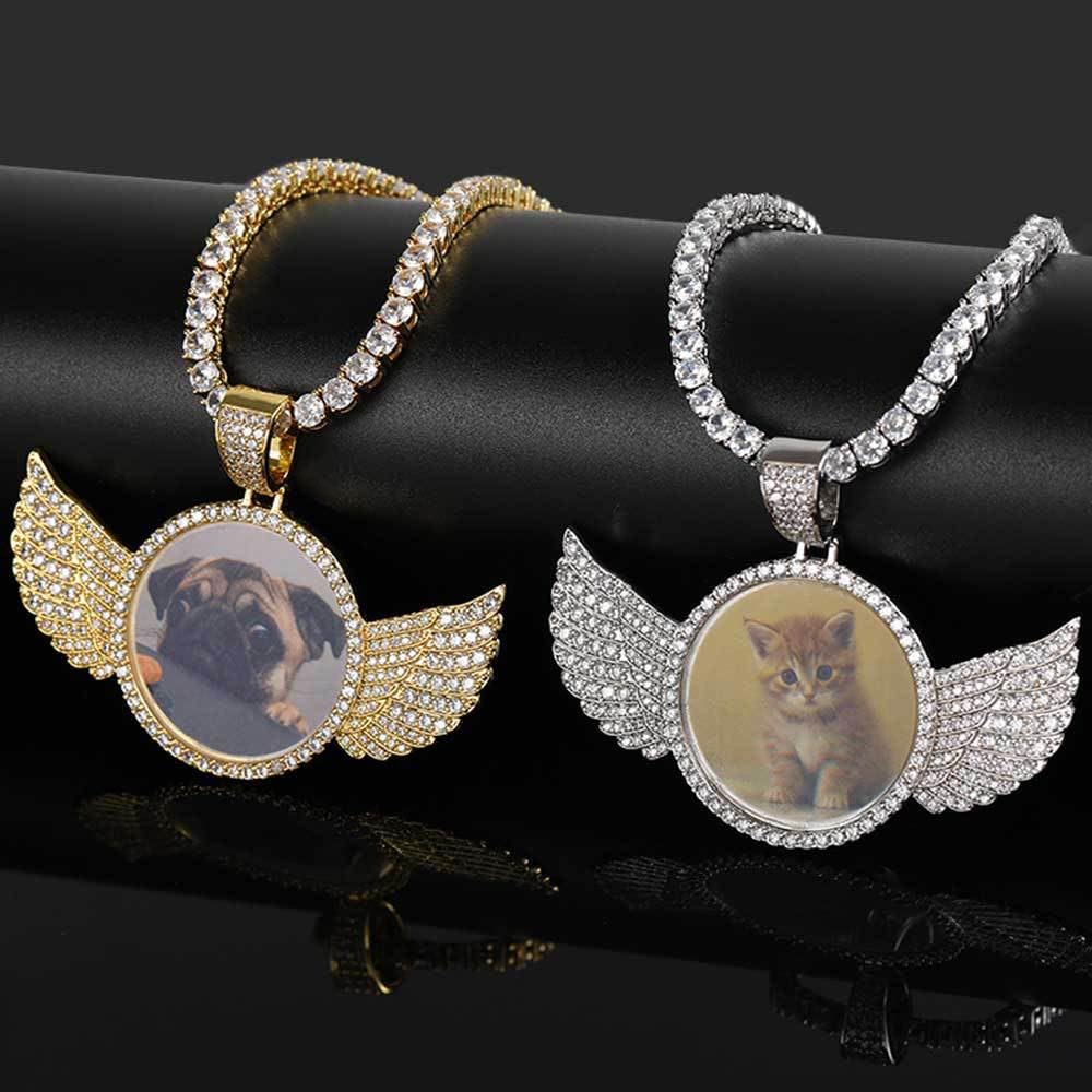 Handimake Customized Photo Necklace, Personalized Angel Wing Circular Pendant, DIY Creative Photo Frame Necklace Accessory, s, Copper, copper inlaid zircon, Small