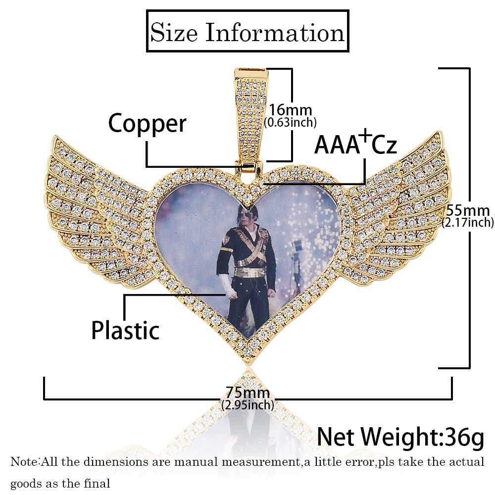Handimake Customized Love Wings Photo Necklace, Personalized Hip Hop Photo Pendant, Zircon Solid Memory Frame