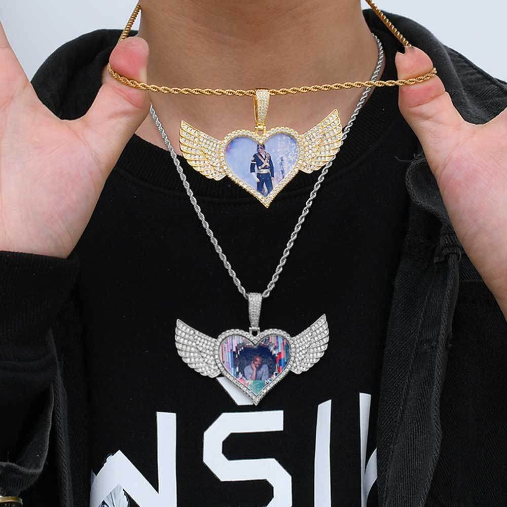 Handimake Customized Love Wings Photo Necklace, Personalized Hip Hop Photo Pendant, Zircon Solid Memory Frame