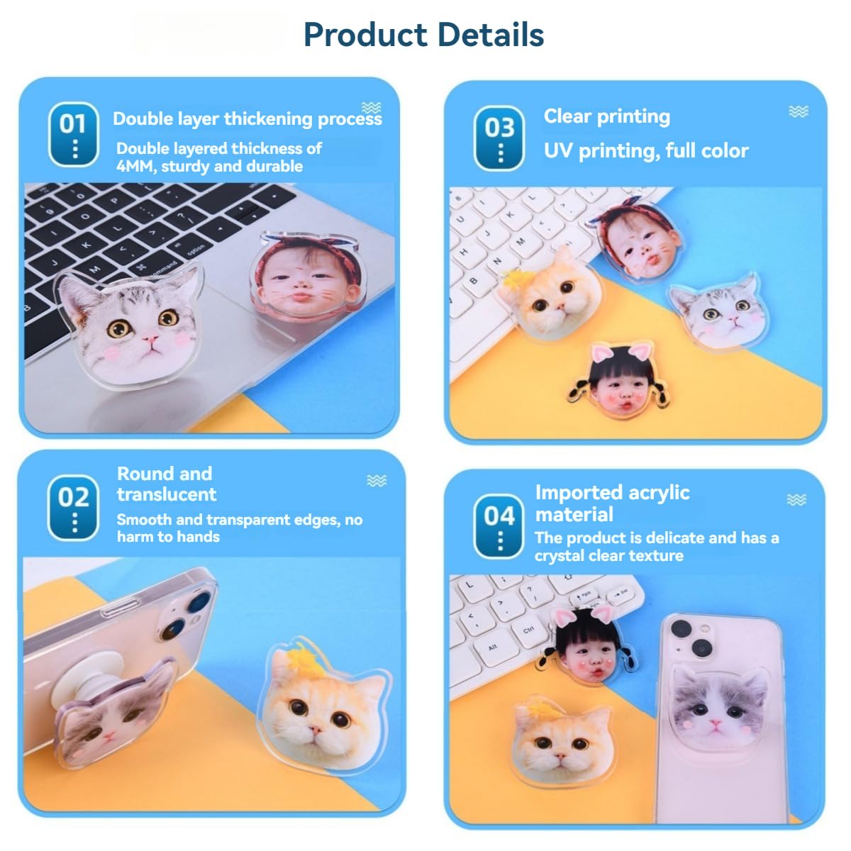 Handimake Customized Acrylic Phone Grip Holder, Personalized Picture Phone Case Holder with Retractable Design, DIY Cartoon Phone Holder Sticker