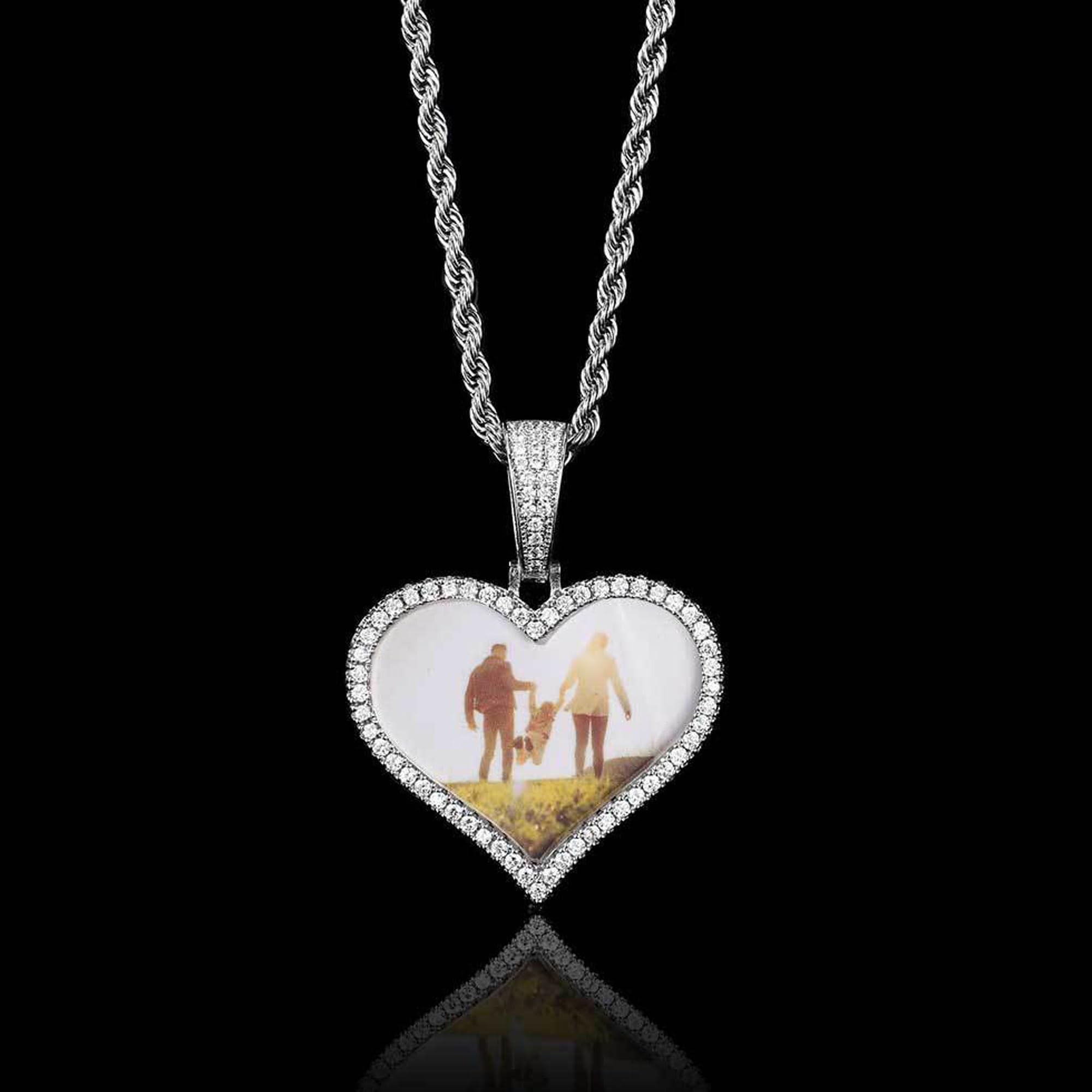 Handimake Customized Image Heart shaped Necklace Hip Hop Jewelry Love Photo Pendant Zircon Personalized Necklace Customized Name Men's Gift Pendant Necklace
