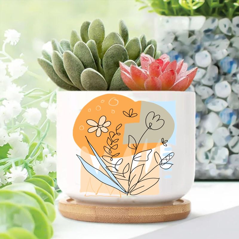 Handimake Customized Ceramic Succulent Plant Flowerpot, Personalized Logo/Text Succulent Flowerpot with Wooden Base, Indoor/Outdoor