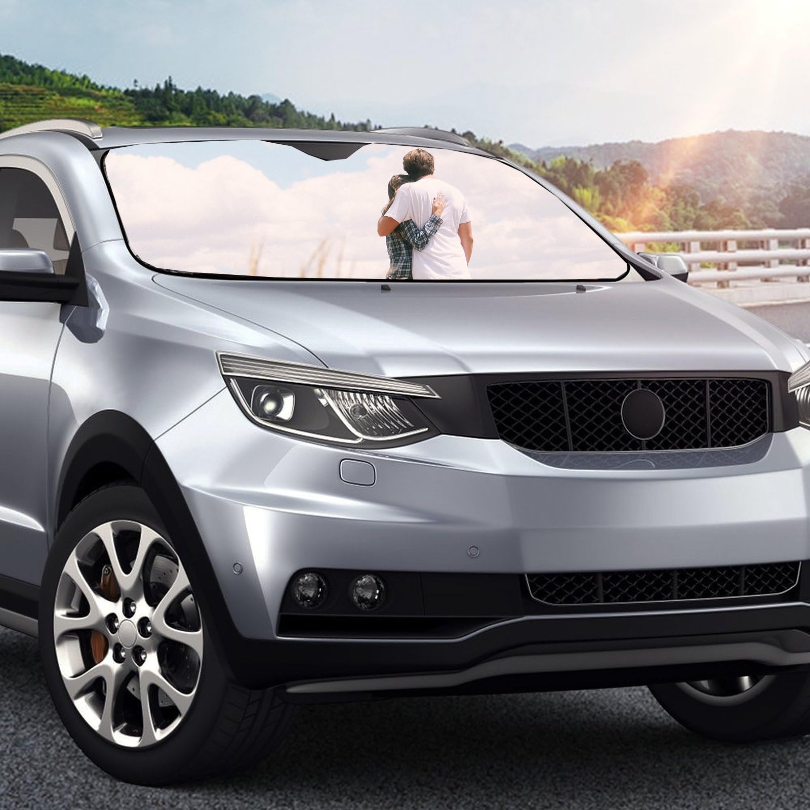 Handimake Customized Car Windshield Sun Visor, Personalized Photo Text Double-Layer Aluminum Foil Sun Protection and Insulation Curtain, Foldable Sun Visor Universal for All Models