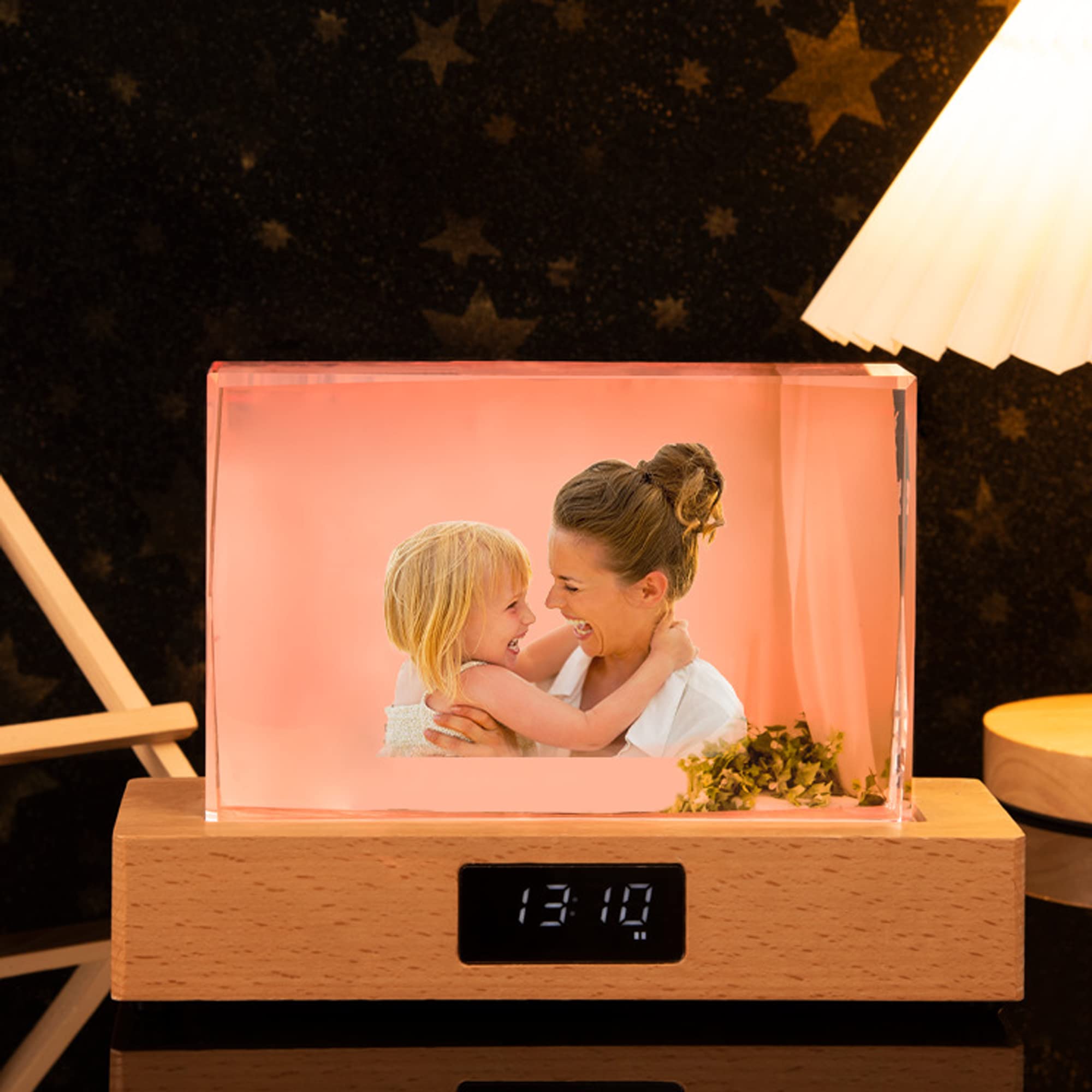 Handimake Customize Your Images with 3D Crystal 7-Color LED Lights, Wooden Base, and Customized Holographic Photos Etched Inside The Crystal (Horizontal)