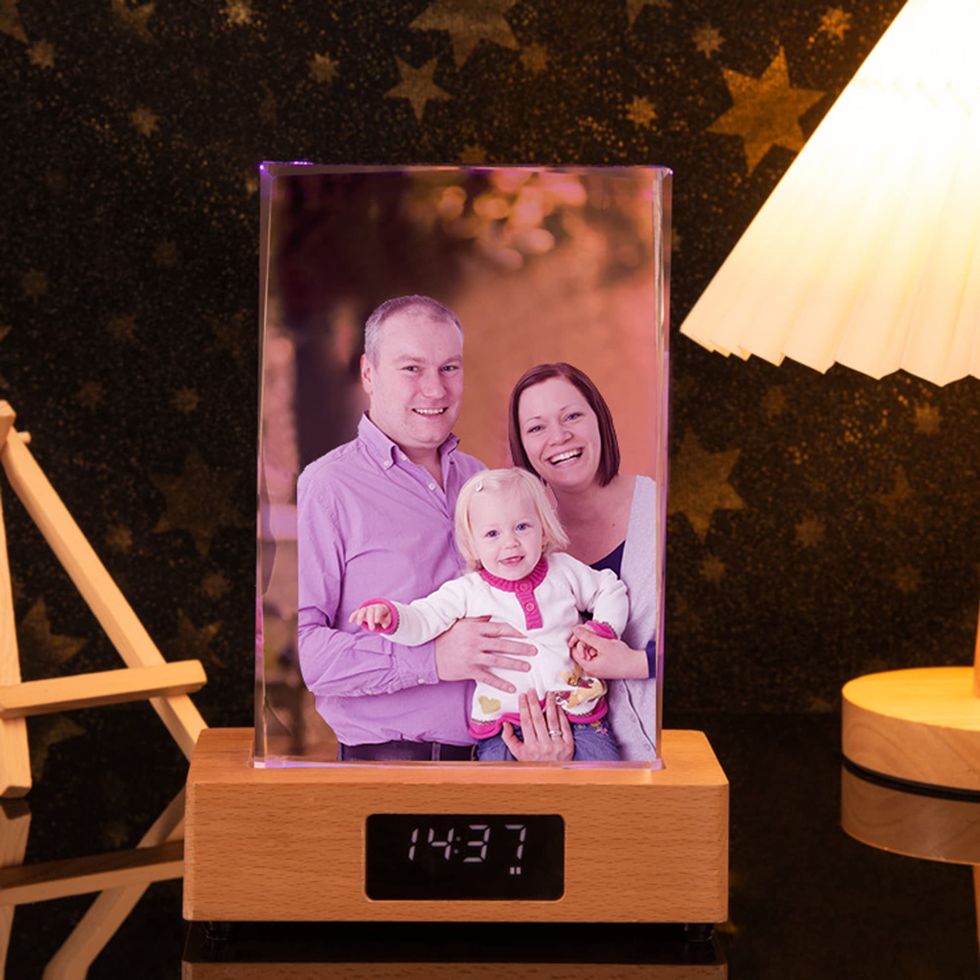 Handimake Customize your images with 3D crystal 7-color LED lights, wooden base, and customized holographic photos etched inside the crystal (Vertical)