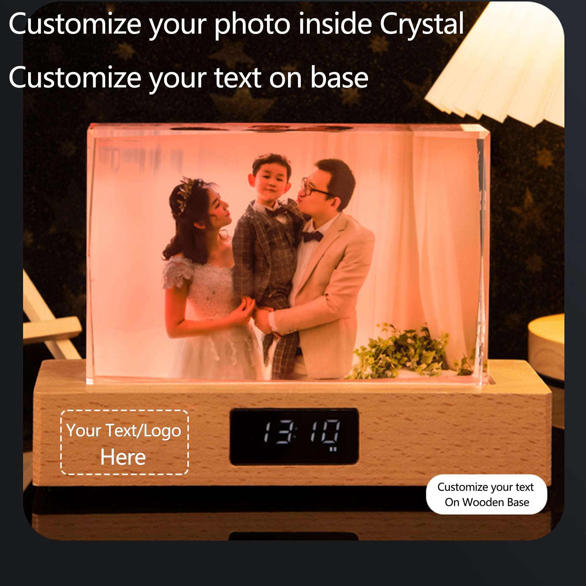 Handimake Customize Your Images with 3D Crystal 7-Color LED Lights, Wooden Base, and Customized Holographic Photos Etched Inside The Crystal (Horizontal)