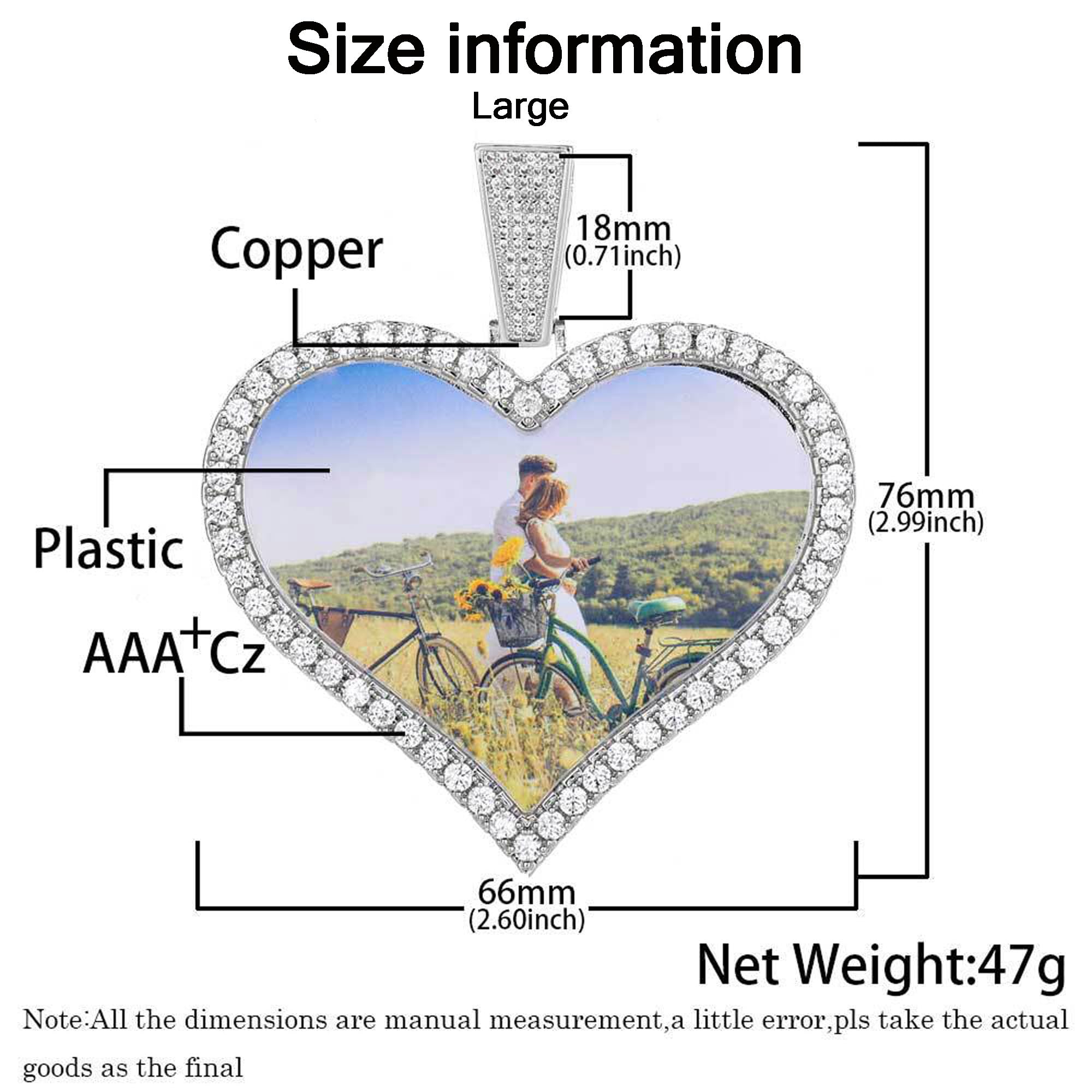 Handimake Customized Image Heart shaped Necklace Hip Hop Jewelry Love Photo Pendant Zircon Personalized Necklace Customized Name Men's Gift Pendant Necklace