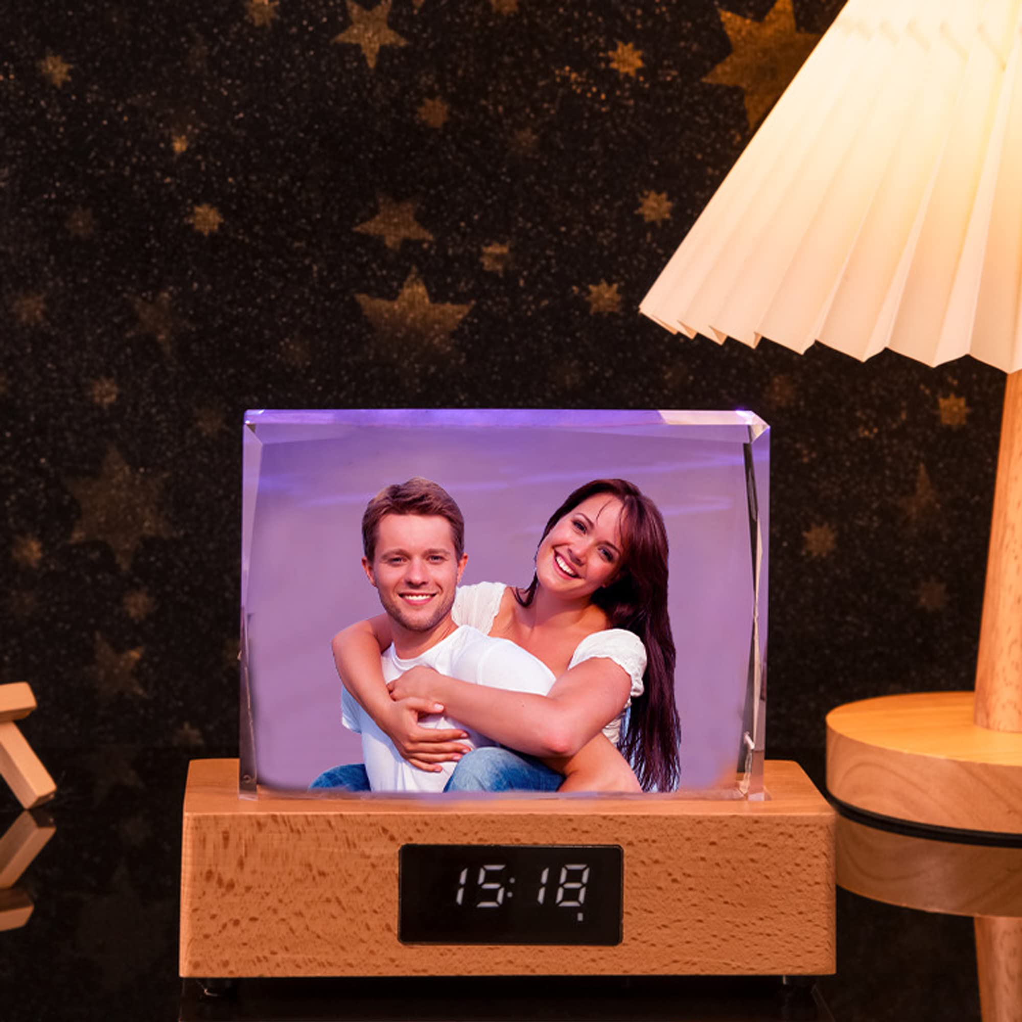 Handimake Customize Your Images with 3D Crystal 7-Color LED Lights, Wooden Base, and Customized Holographic Photos Etched Inside The Crystal (Horizontal)