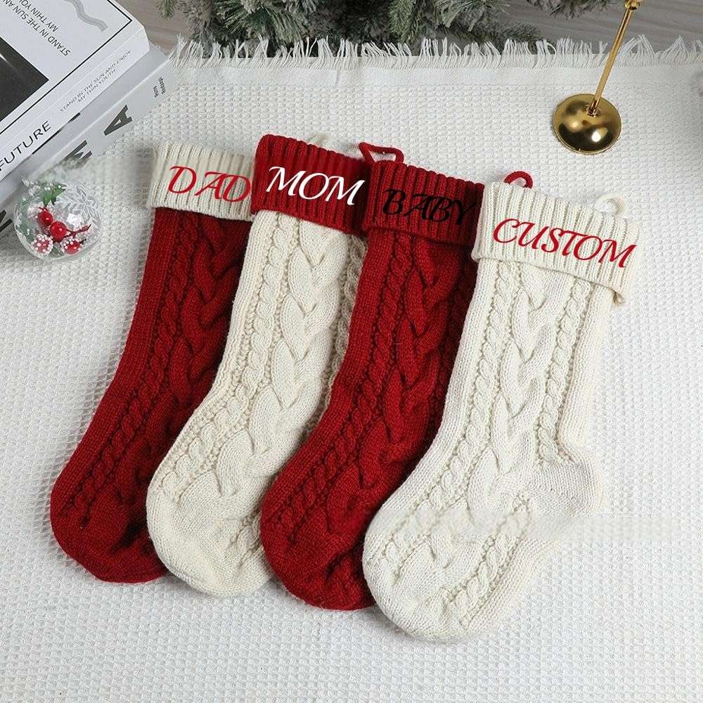 Handimake Customized Embroidered Christmas Stockings, Personalized Name Family Knitted Woolen Christmas Socks, 18 inch Large Candy Bag Sock Set, Holiday Family Party Decoration