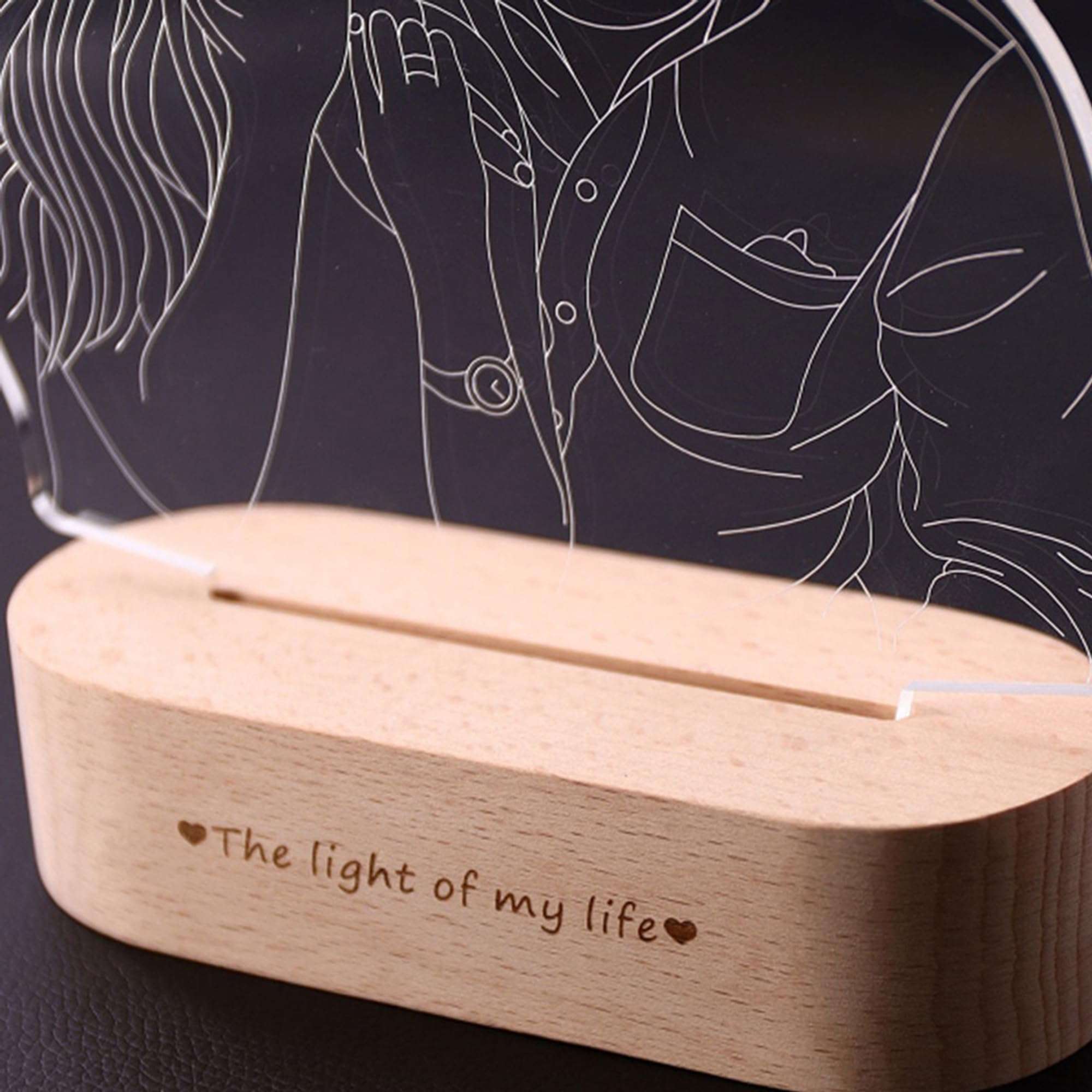 Handimake Customized Romantic 3D Photo Light Acrylic Night Light Handdrawn Line Draft Minimalist Line Art Picture Carving Illuminated Sign Beech Base, Anniversary, Valentine's Day, Birthday Gift