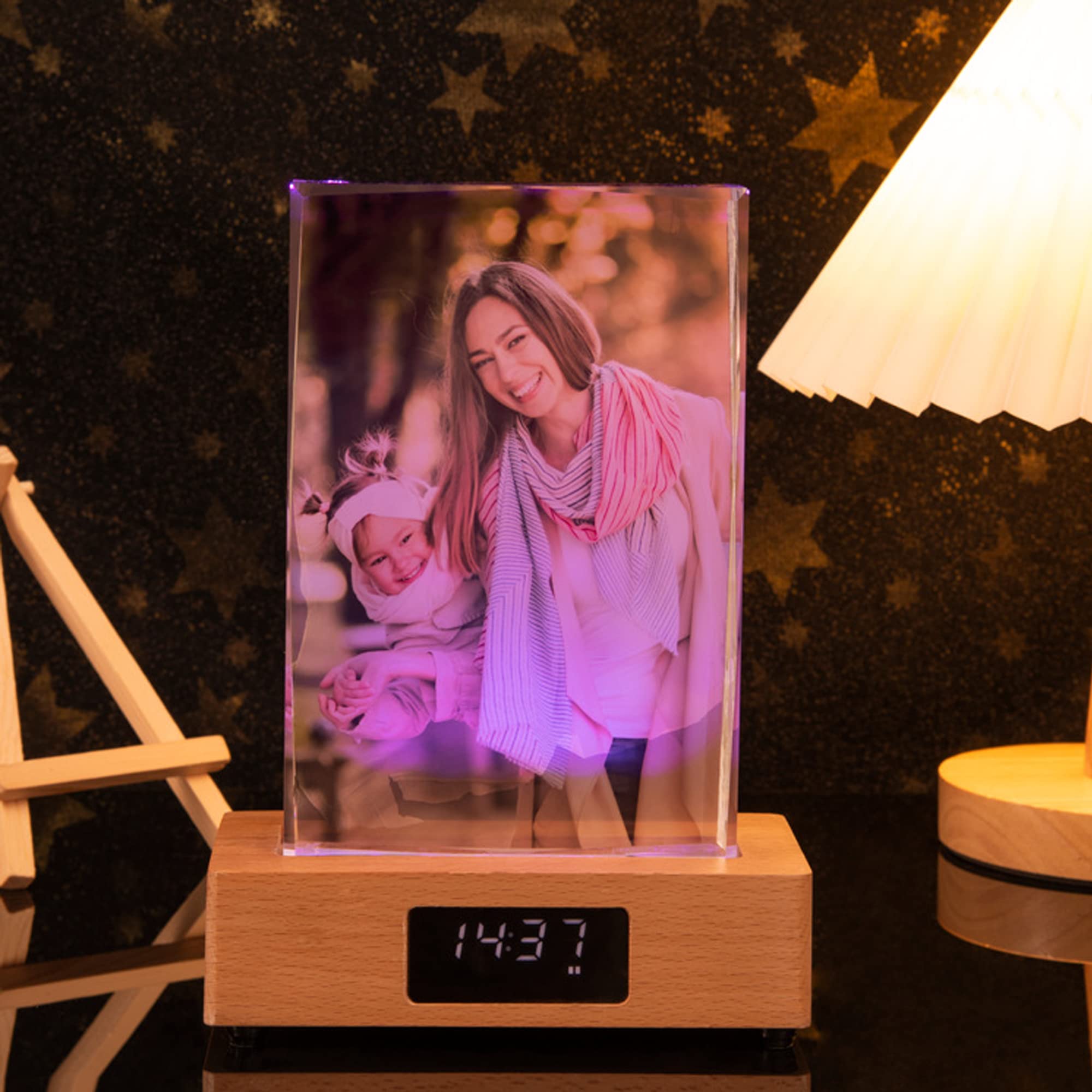 Handimake Customize your images with 3D crystal 7-color LED lights, wooden base, and customized holographic photos etched inside the crystal (Vertical)