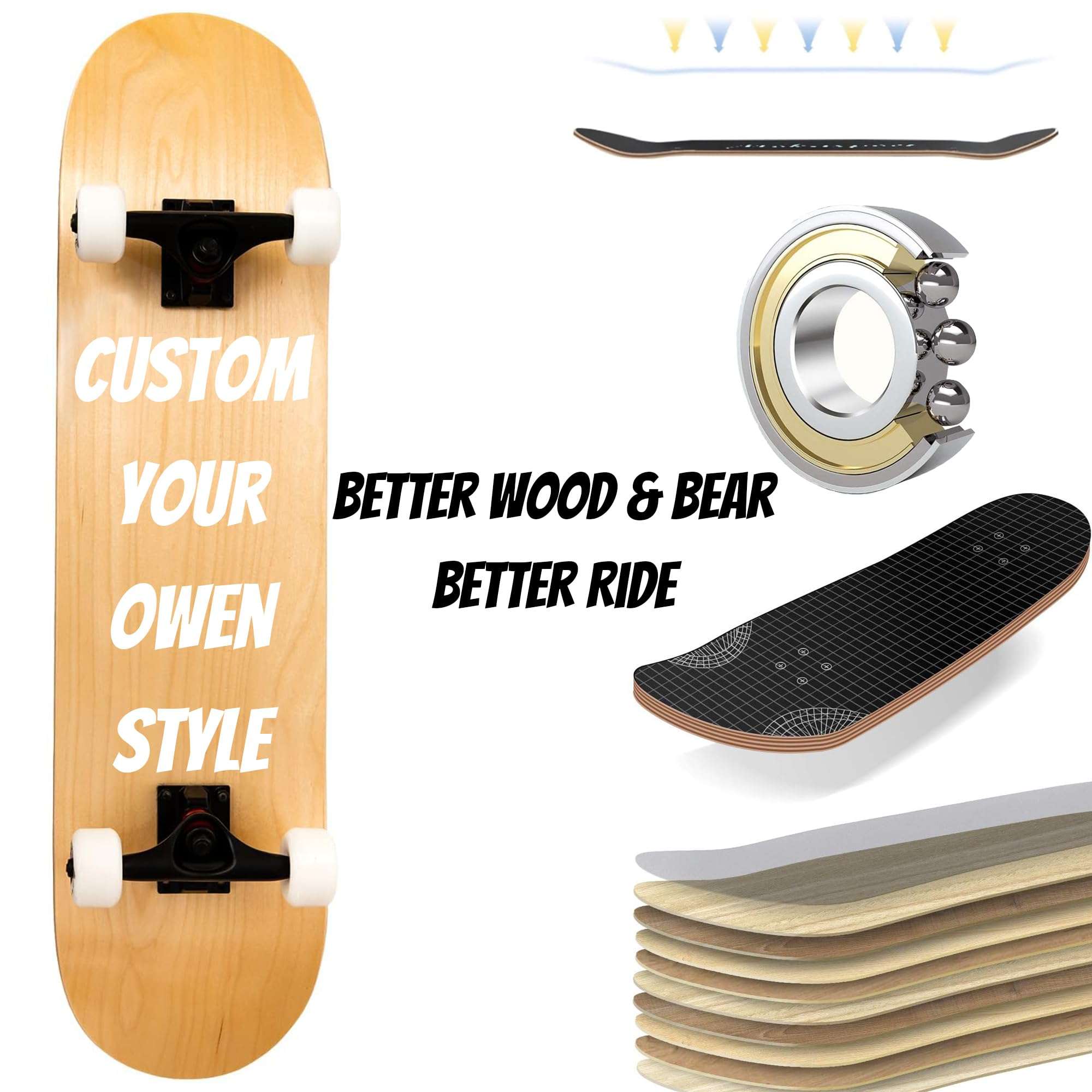 Handimake Custom 31"x8" Standard Complete Skateboards |Maple Wood | ABEC 7/9 Bearings | Double Kick Concave Deck| Personalized Skateboards for Beginners, Teens & Adults Girls Boys Gift