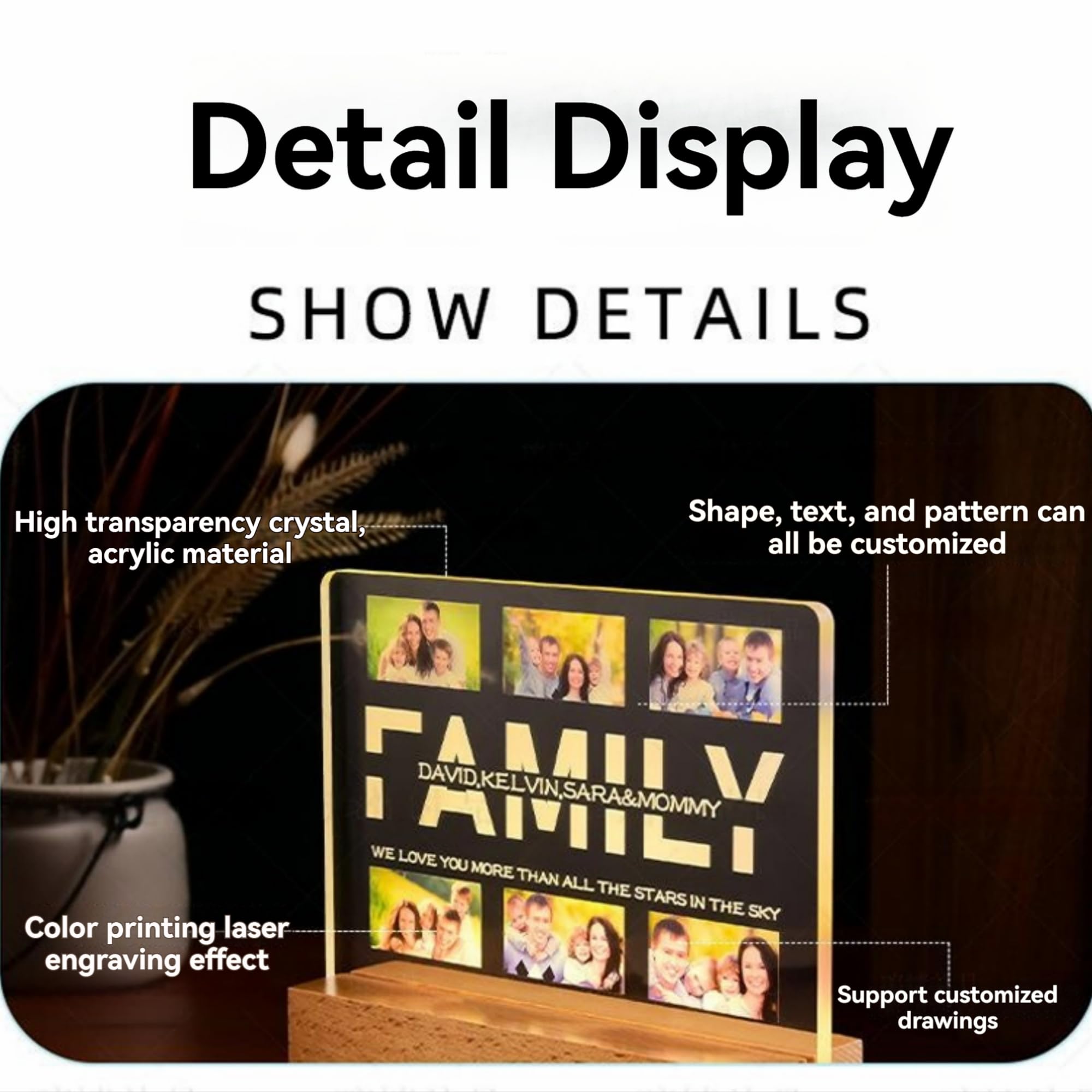 Handimake Personalized 3D Photo Text Crystal Night Light, Custom Portrait Night Light, Best Light Gift for Ornament, Birthdays gift, Anniversaries, Christmas, Valentine's Day, Father's and Mother's Day