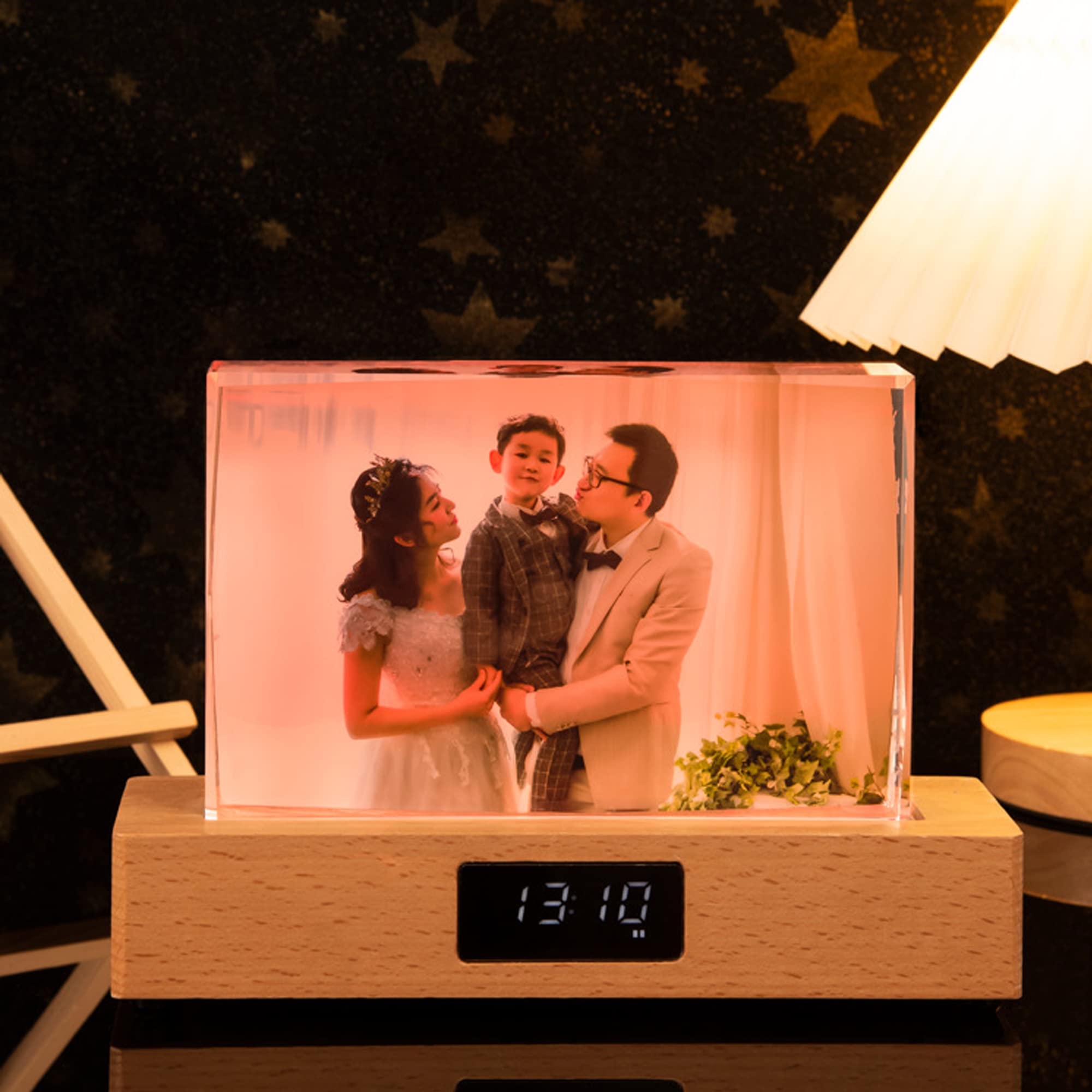 Handimake Customize Your Images with 3D Crystal 7-Color LED Lights, Wooden Base, and Customized Holographic Photos Etched Inside The Crystal (Horizontal)