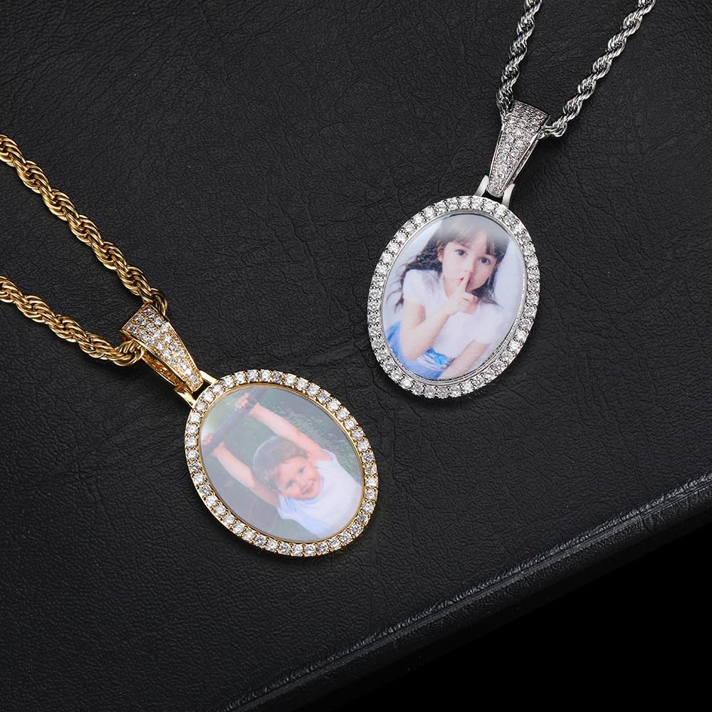 Handimake Customized Oval Photo Necklace, Personalized Hip-Hop Photo Frame Pendant, DIY Micro Inlaid Zircon Photo Copper Necklace