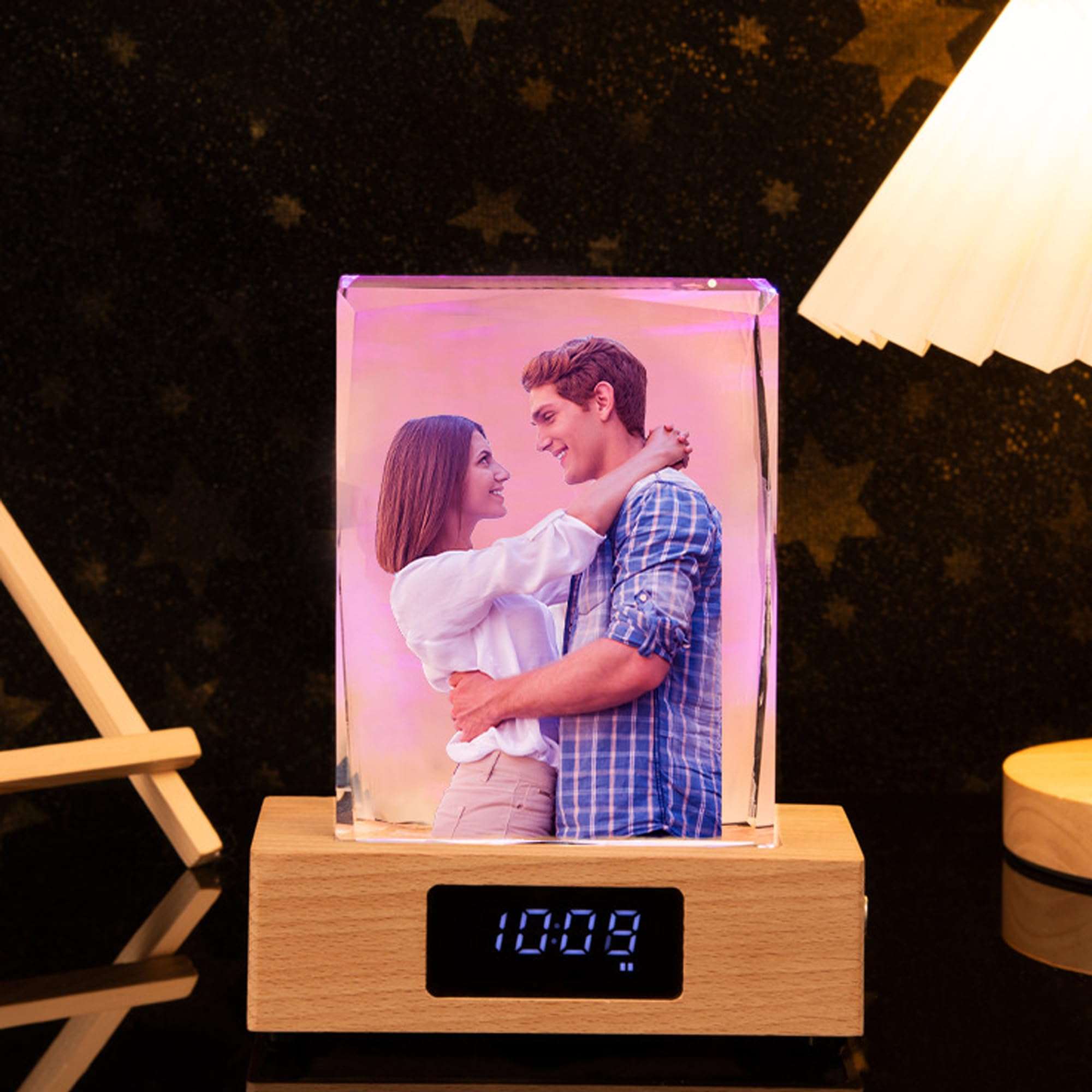 Handimake Customize your images with 3D crystal 7-color LED lights, wooden base, and customized holographic photos etched inside the crystal (Vertical)