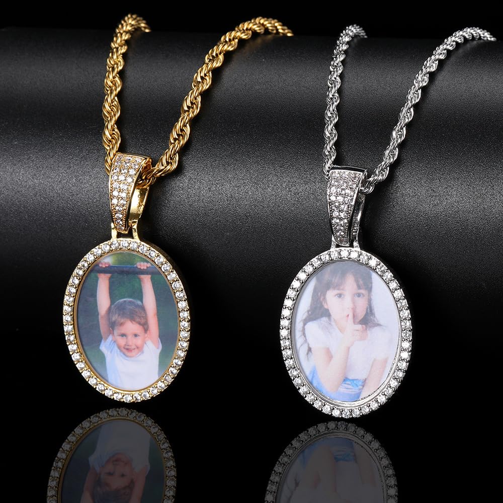 Handimake Customized Oval Photo Necklace, Personalized Hip-Hop Photo Frame Pendant, DIY Micro Inlaid Zircon Photo Copper Necklace