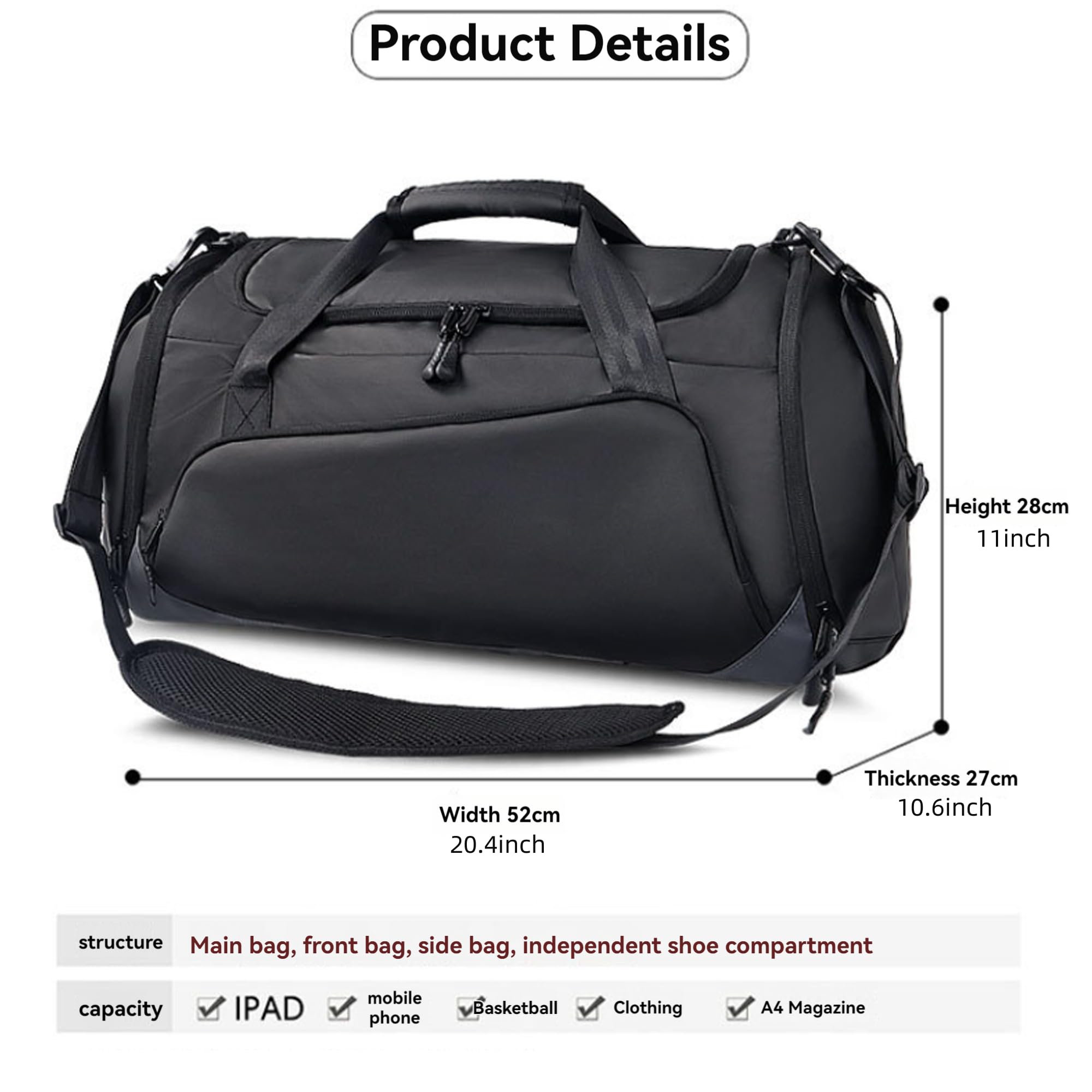 Handimake Customized fitness bag, personalized logo/text basketball luggage bag, large capacity dry wet separation football training independent shoe compartment fitness bag