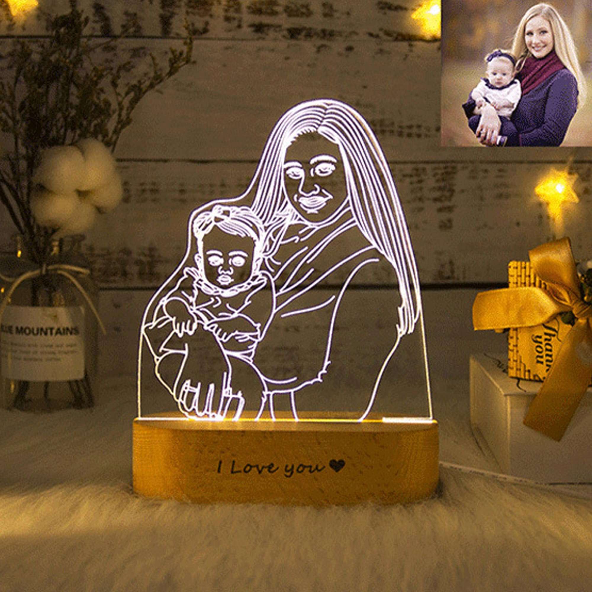 Handimake Customized Romantic 3D Photo Light Acrylic Night Light Handdrawn Line Draft Minimalist Line Art Picture Carving Illuminated Sign Beech Base, Anniversary, Valentine's Day, Birthday Gift