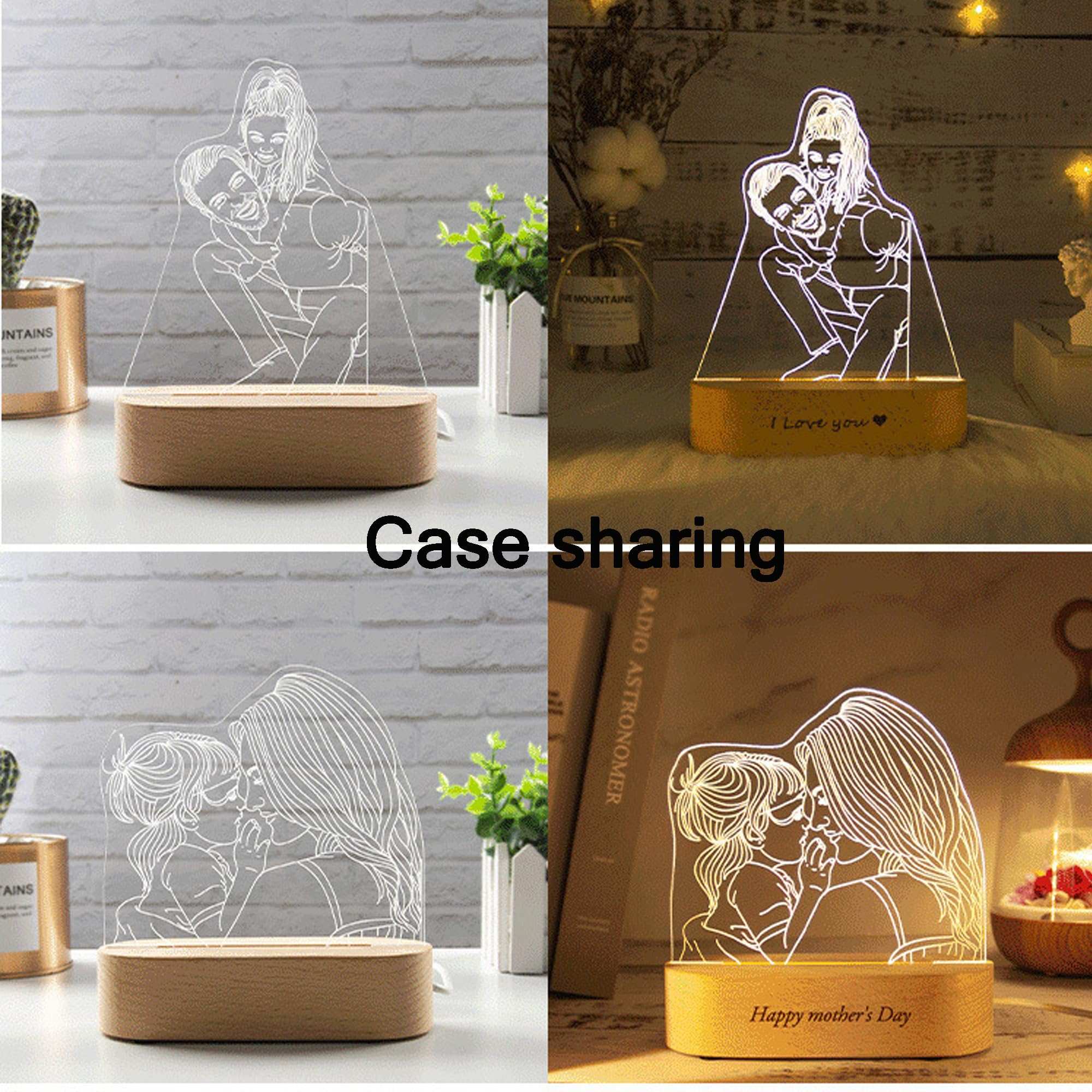 Handimake Customized Romantic 3D Photo Light Acrylic Night Light Handdrawn Line Draft Minimalist Line Art Picture Carving Illuminated Sign Beech Base, Anniversary, Valentine's Day, Birthday Gift