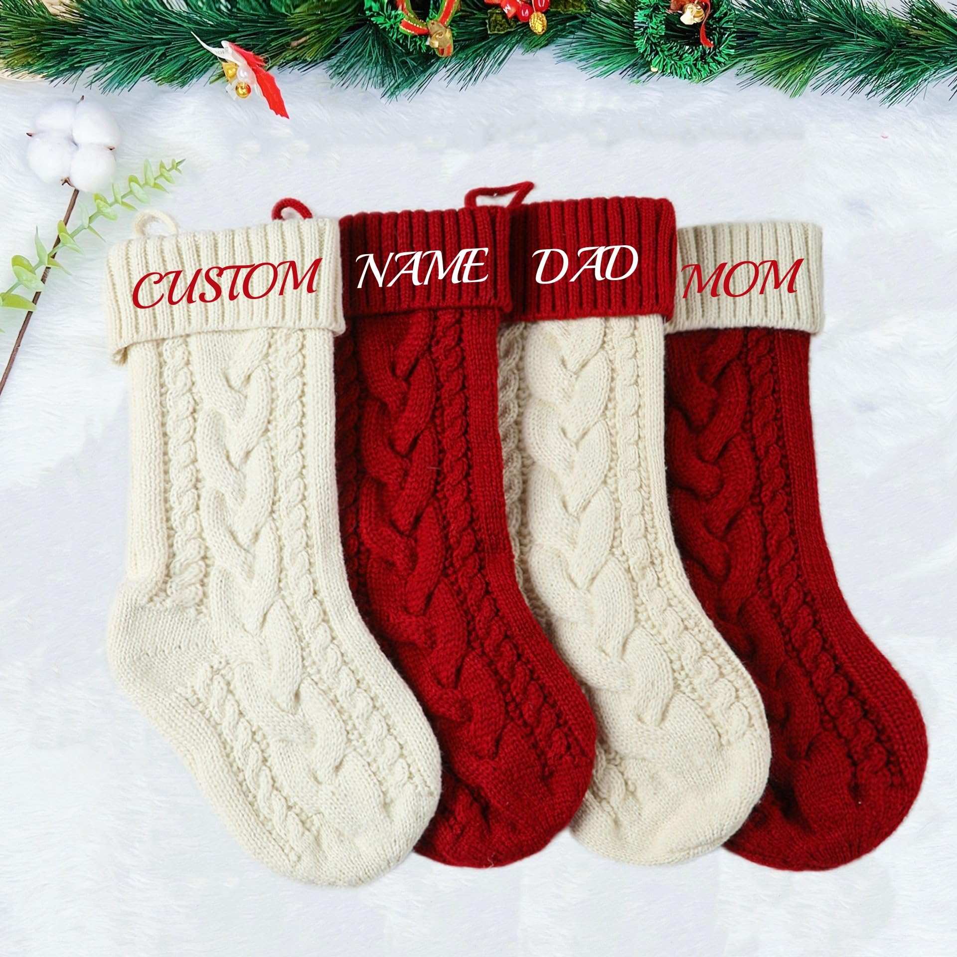 Handimake Customized Embroidered Christmas Stockings, Personalized Name Family Knitted Woolen Christmas Socks, 18 inch Large Candy Bag Sock Set, Holiday Family Party Decoration