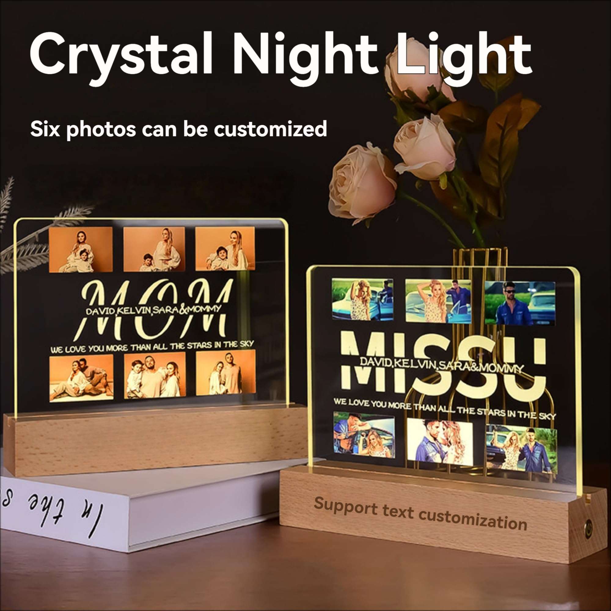 Handimake Personalized 3D Photo Text Crystal Night Light, Custom Portrait Night Light, Best Light Gift for Ornament, Birthdays gift, Anniversaries, Christmas, Valentine's Day, Father's and Mother's Day